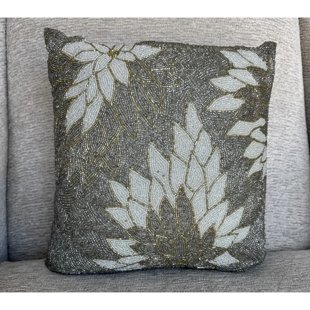 Pier 1 Imports Vintage Beaded Floral Throw Pillow Silver Gray Metallic 12